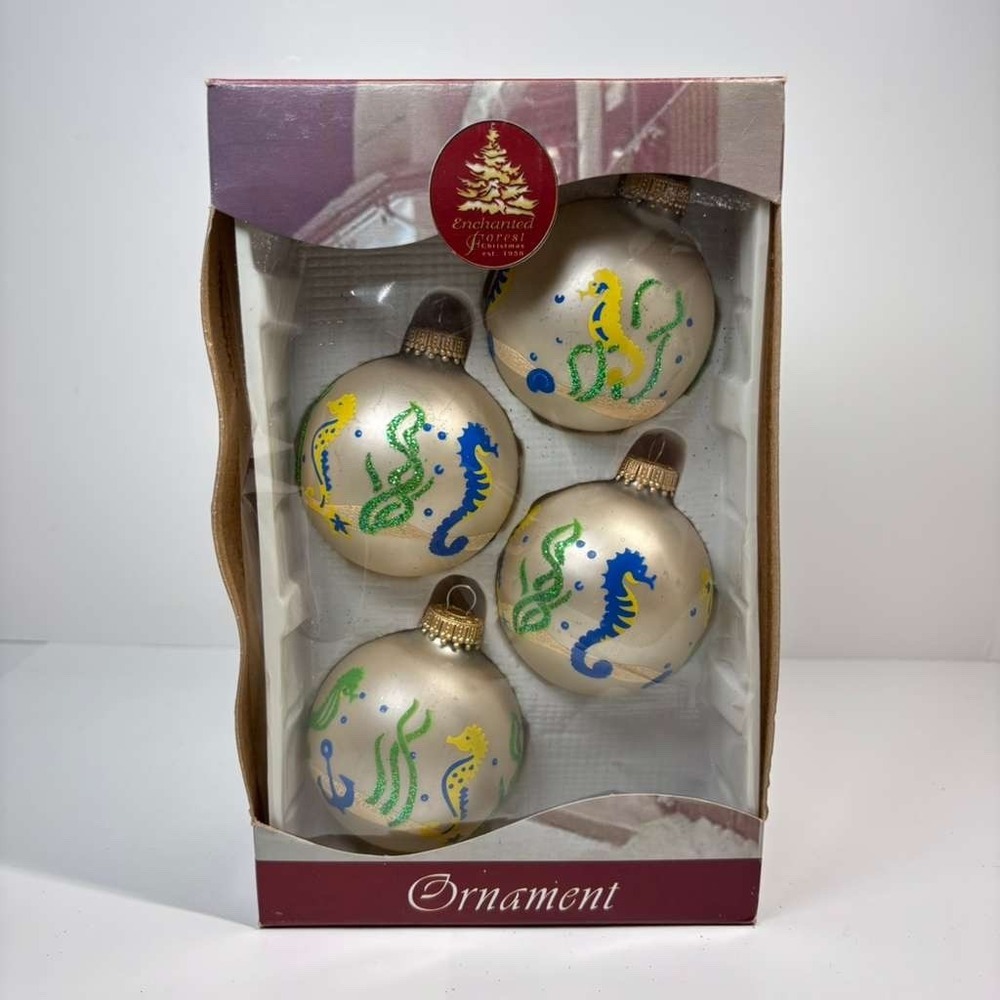 ENCHANTED FOREST GLASS GLOBE SEAHORSE CHRISTMAS ORNAMENT LOT 4 USA VINTAGE